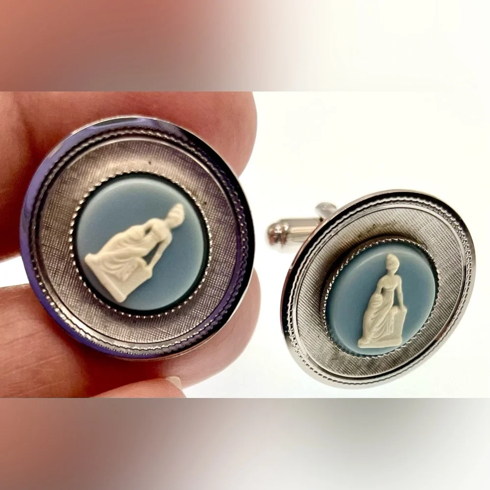 Vintage Silver Tone Textured Round Cufflinks Blue and White Faux Cameo Center